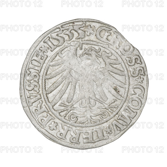 Prussian grosz, Sigismund I the Old (King of Poland; 1506–1548). Obverse: Crowned male bust in profile turned to the right; in the rim between pearly borders the inscription '.SIGIS.I.REX.PO.DO.TOCI.PRVSSIE'. Reverse: The Eagle of Royal Prussia; in the rim between the pearly borders the inscription '.GROSS.COMV.TERR.PRVSSIE.1535'. 1535. Coin from Torun, Poland. Diameter 23.6–24.0 mm; weight 1.9 g.