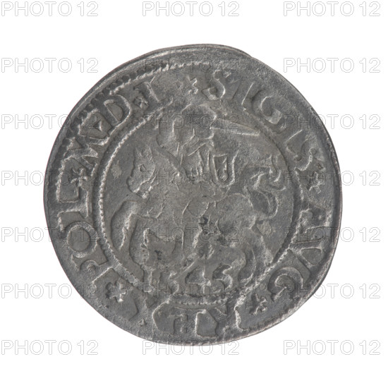 Lithuanian half-grosz, Sigismund II Augustus (King of Poland; 1544–1572). Obverse: Lithuanian Pogon, below year 1545; in the rim between pearly borders the inscription S.IS.AVG.REX.POL.MDL. Reverse: Polish Eagle; in the rim between pearly borders the inscription .MONETA.MAG.DVC.LITVA. 1545. Grand Duchy of Lithuania (Vilnius). Coin, silver; diameter approx. 19.8–20.0 mm; weight 1.1 g.