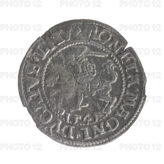 Lithuanian half-grosz, Sigismund II Augustus (King of Poland; 1544–1572). Obverse: Polish Eagle; in rim between pearly borders the inscription 'SI. S.AVG. .P.MAG.DVX.LIT'. Reverse: Lithuanian Pogon; below the year 1545; in rim between pearly borders the inscription 'MONETA.MAGNI.DVCATVS.LTV'. Coats of arms, Jagiellon dynasty; eagles. Grand Duchy of Lithuania, Vilnius, Poland. Coin made 1545. Diameter ~19.4–20.0 mm; weight ~1 g.