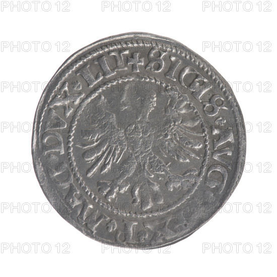 Lithuanian half-grosz, Sigismund II Augustus (King of Poland; 1544–1572). Obverse: Polish Eagle; in the rim between pearly borders the inscription '.SIGIS.AVG, XPMAG.DVX.LIT'. Reverse: Lithuanian Pogon (coat of arms); below the year 1545, in the rim between pearly borders the inscription '.MONETA.MA, I.DVCATVS.LITV'. Dated 1545. Grand Duchy of Lithuania, Vilnius. Coin; diameter ca. 20.0–20.2 mm; weight 1.23 g. Subjects: coats of arms; Jagiellon dynasty; Polish coins; eagles; Pogon.