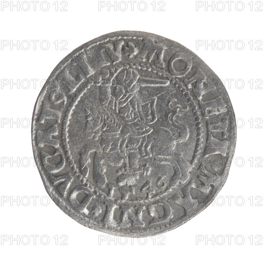 Lithuanian half-grosz, Sigismund II Augustus (King of Poland; 1544–1572). Obverse: Polish Eagle; in the rim between pearly borders the inscription SIGIS.AVG.REX.P.MAG.DVXL. Reverse: Lithuanian Pogon; below the year 1546, in the rim between pearly borders the inscription MONETA.MAGNI.DVCAT9.LITV. Date: 1546. Grand Duchy of Lithuania (Vilnius). Coin; diameter 19.7–20.0 mm; weight 1.23 g.