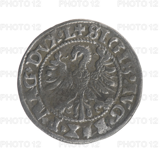 Lithuanian half-grosz, Sigismund II Augustus (King of Poland; 1544–1572). Obverse: Polish Eagle; in the rim between pearly borders the inscription 'SIGIS.AVG.REX.P., G.DVX.L'. Reverse: Lithuanian Pogon with the year 1546 below; in the rim between pearly borders the inscription 'MO A.MAGNI.DVCAT9.LITV'. Coats of arms: Jagiellons (dynasty), eagles, Pogon (Lithuania). Grand Duchy of Lithuania; coin. Diameter c. 19.8–20.0 mm; weight 1.2 g.