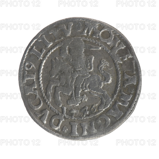 Lithuanian half-grosz, Sigismund II Augustus (King of Poland; 1544–1572). Obverse: Polish Eagle; in the rim between pearly borders the inscription: .SIGIS.AVG.REX.P., G.DVX.L. Reverse: Lithuanian Pogon; below the year 1546; in the rim between pearly borders the inscription: MO, A.MAGNI.DVCAT9.LITV. Coats of arms: Jagiellons (dynasty), Polish eagle, Pogon (Lithuanian coat of arms). Grand Duchy of Lithuania, 1546. Coin (Poland/Lithuania), diameter ~19.8–20.0 mm, weight 1.2 g.