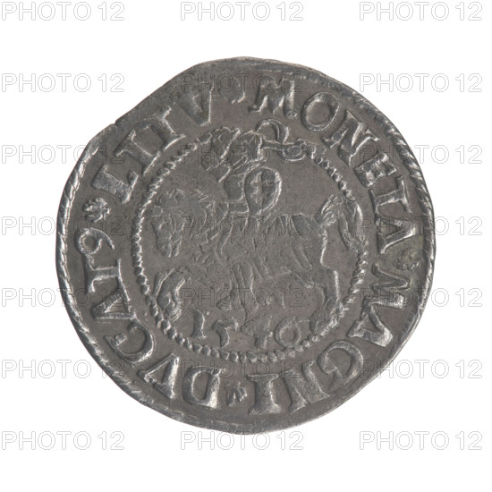 Lithuanian half-grosz, Sigismund II Augustus (King of Poland; 1544–1572). Obverse: Polish Eagle; in the rim between pearly borders the inscription '.SIGIS.AVG.REX.P.MAG.DVX.L'. Reverse: Lithuanian Pogon (coat of arms); below the year '1546', in the rim between pearly borders the inscription '.MONETA.MAGNI.DVCAT9.LITV'. 1546. Grand Duchy of Lithuania (Vilnius). Coin (Polish), diameter ca. 19–20 mm, weight 1.18 g.