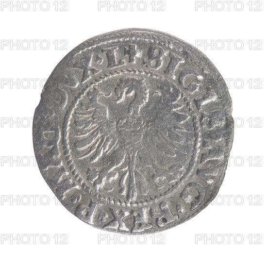 Lithuanian half-grosz, Sigismund II Augustus (King of Poland; 1544–1572). Obverse: Polish Eagle; in the rim between pearly borders the inscription '.SIGIS.AVG.REX.P.MAG.' Reverse: Lithuanian Pogon, below the year '1546'; in the rim between pearly borders the inscription '.MON.A.MAGNI.DVCAT9.LIT.' Date: 1546. Materials/style: coin; Grand Duchy of Lithuania. Diameter: about 19.5–20.0 mm. Weight: 1.15 g. Subjects: coats of arms, Jagiellon dynasty, eagles, Pogon (coat of arms).