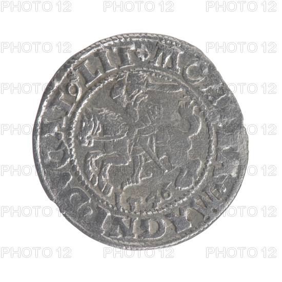 Lithuanian half-grosz, Sigismund II Augustus (King of Poland; 1544–1572). Obverse: Polish Eagle; in the rim between pearly borders the inscription '.SIGIS.AVG.REX.P.MAG.' Reverse: Lithuanian Pogon (coat of arms), below the year '1546'; in the rim between pearly borders the inscription '.MON.A.MAGNI.DVCAT9.LIT.' Coats of arms of the Jagiellons (dynasty); motifs: eagles and Pogon. Grand Duchy of Lithuania, Vilnius. Coin; diameter ~19.5–20.0 mm; weight 1.15 g.