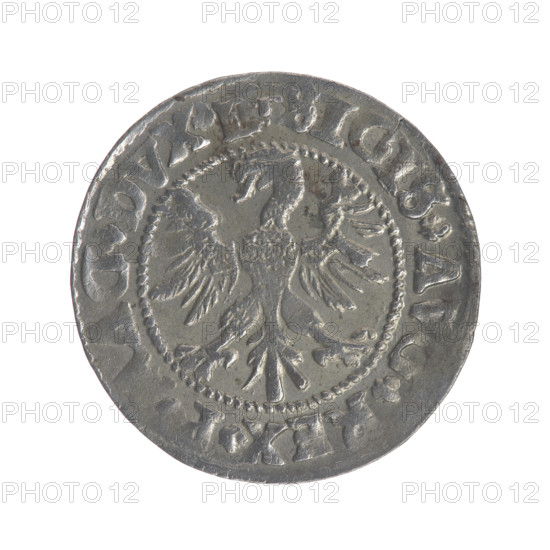 Lithuanian half-grosz, Sigismund II Augustus (King of Poland; 1544–1572). Obverse: Polish Eagle; in the rim between pearly borders the inscription: .SIGIS.AVG.REX.P.MAG.DVX.L. Reverse: Lithuanian Pogon; below the year 1546; in the rim between pearly borders the inscription: .MONETA.M, NI.DVCAT.LITVA. Dated 1546. Coats of arms: Jagiellons (dynasty), eagles, Pogon. Grand Duchy of Lithuania, Vilnius. Coin (polish), diameter c. 19.3–19.5 mm, weight 1.24 g.