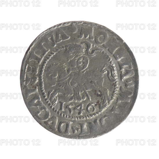 Lithuanian half-grosz, Sigismund II Augustus (King of Poland; 1544–1572). Obverse: Polish eagle; in the rim between pearly borders the inscription '.SIGIS.AVG.REX.P.MAG.DVX.L'. Reverse: Lithuanian Pogon (coat of arms), below the year '1546'; in the rim between pearly borders the inscription '.MONETA.M, NI.DVCAT.LITVA'. Coats of arms: Jagiellons (dynasty). Category: Polish coin, Grand Duchy of Lithuania. Dimensions: diameter ~19.3–19.5 mm, weight 1.24 g.