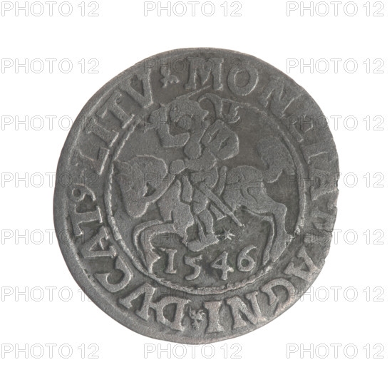 Lithuanian half-grosz, Sigismund II Augustus (King of Poland; 1544–1572). Obverse: Polish Eagle; in the rim between pearly borders the inscription '.SIGIS.AVG.REX.PO.MAG.DVX.LI'. Reverse: Lithuanian Pogon, below the year '1546'; in the rim between pearly borders the inscription '.MONETA.MAGNI.DVCAT9.LITV'. 1546. Grand Duchy of Lithuania (Vilnius). Coin; dia. 18.5–19.7 mm; weight 1.11 g.