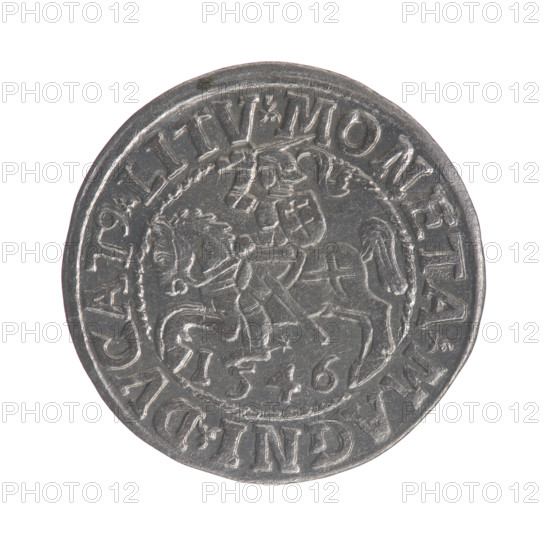 Lithuanian half-grosz, Sigismund II Augustus (King of Poland; 1544–1572). Obverse: Polish Eagle; in the rim between pearly borders the inscription '.SIGIS.AVG.REX.PO.MAG.DVX.LI'. Reverse: Lithuanian Pogon; below the year '1546'; in the rim between pearly borders the inscription '.MONETA.MAGNI.DVCAT9.LITV'. 1546. Materials and type: coin from the Grand Duchy of Lithuania (Vilnius, Poland). Diameter 19.6–20.0 mm, weight 1.14 g. Subjects/motifs: coats of arms, Jagiellons (dynasty), eagles, Pogon.