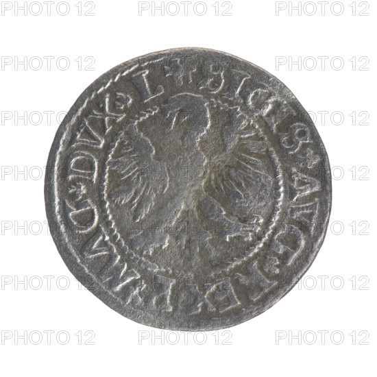 Lithuanian half-grosz, Sigismund II Augustus (King of Poland; 1544–1572); obverse: Polish Eagle, in the rim between pearly borders the inscription '.SIGIS.AVG.REX.P.MAG.DVX.L'; reverse: Lithuanian Pogon, below year digits '1' and '4', in the rim between pearly borders the inscription '.MONETA.MAGNI.DVCAT9.LITVA'; dated 1546; Grand Duchy of Lithuania, Vilnius; coin; diameter ~19.5–20.0 mm; weight 1.08 g.