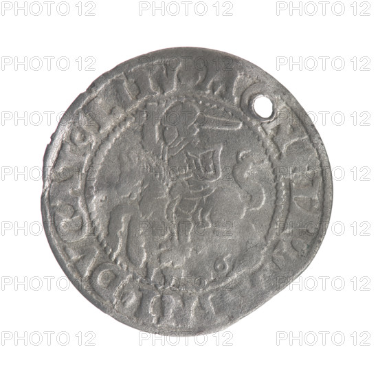Lithuanian half-grosz, Sigismund II Augustus (King of Poland; 1544–1572). Obverse: Polish Eagle; in the rim between pearly borders the inscription 'S. GIS. AV. REX. P. MAG. DVX. L'. Reverse: Lithuanian Pogon (coat of arms); below the year '1546'; in the rim between pearly borders the inscription 'M. NET. MA. NI. DVCAT9. LITV'. Jagiellon dynasty; Grand Duchy of Lithuania; coin; 1546; diameter ~19–20 mm; weight ~1 g.