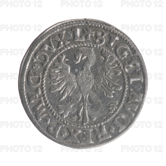 Lithuanian half-grosz, Sigismund II Augustus (King of Poland; 1544–1572). Obverse: Polish eagle; in the rim between pearly borders the inscription '.SIG, I.AVG.REX.P.MAG.DVX.L' Reverse: Lithuanian Pogon (coat of arms), below the year '1546'; in the rim between pearly borders the inscription '.MON, TA.MAGNI.DVCAT9.LIT'. Jagiellon dynasty; Grand Duchy of Lithuania, Vilnius, 1546. Coin; diameter ca. 20.0–20.4 mm; weight 1.21 g.