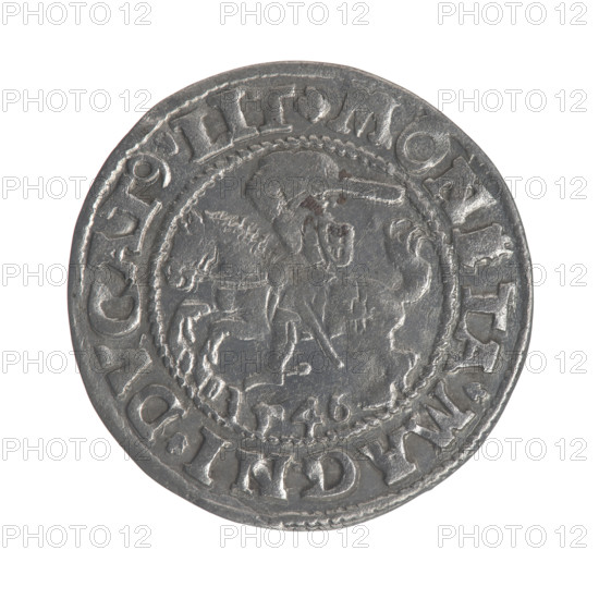 Lithuanian half-grosz, Sigismund II Augustus (King of Poland; 1544–1572). Obverse: Polish Eagle; in the rim between pearly borders the inscription '.SIG, I.AVG.REX.P.MAG.DVX.L'. Reverse: Lithuanian Pogon (coat of arms); below the year 1546, in the rim between pearly borders the inscription '.MON, TA.MAGNI.DVCAT9.LIT'. 1546. Grand Duchy of Lithuania (Vilnius), Poland. Coin; diameter 20.0–20.4 mm; weight 1.21 g.
