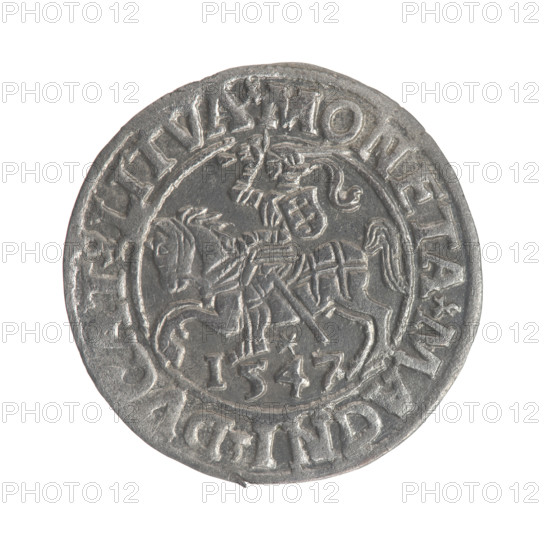 Lithuanian half-grosz, Sigismund II Augustus (King of Poland; 1544–1572); coats of arms of the Jagiellons; Polish eagle and Lithuanian Pogon (coats of arms). Obverse: Polish eagle; in rim between pearly borders inscription '.SIGIS.AVG.REX.PO.MAG.DVX.LI'. Reverse: Lithuanian Pogon, below the year '1547'; in rim between pearly borders inscription '.MONETA.MAGNI.DVCAT9.LITVA'. 1547. Grand Duchy of Lithuania (Vilnius). Coin; diameter 19.6–20.0 mm; weight 1.1 g.