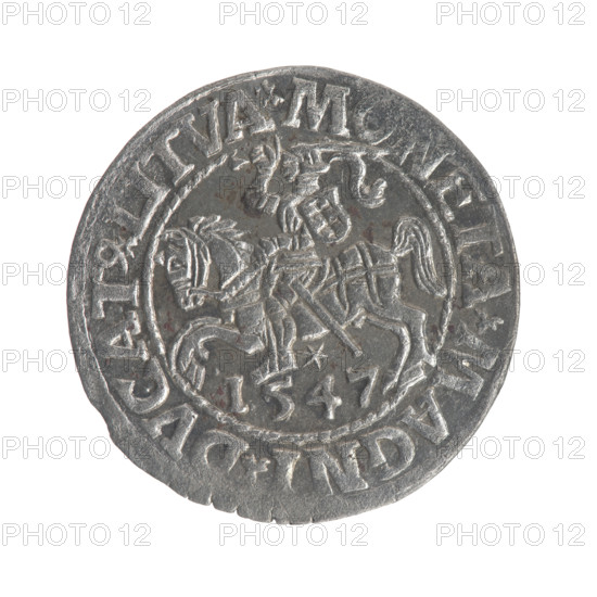 Lithuanian half-grosz, Sigismund II Augustus (King of Poland; 1544–1572). Obverse: Polish Eagle; in rim between pearly borders the inscription 'SIGI.AVG.REX.PO.MAG.DVX.L'. Reverse: Lithuanian Pogon (coat of arms); below the year '1547'; in rim between pearly borders the inscription 'META.MAGNI.DVCAT.LITVA'. 1547. Grand Duchy of Lithuania. Coin (Polish), diameter 19.7–20.0 mm, weight 1.25 g.