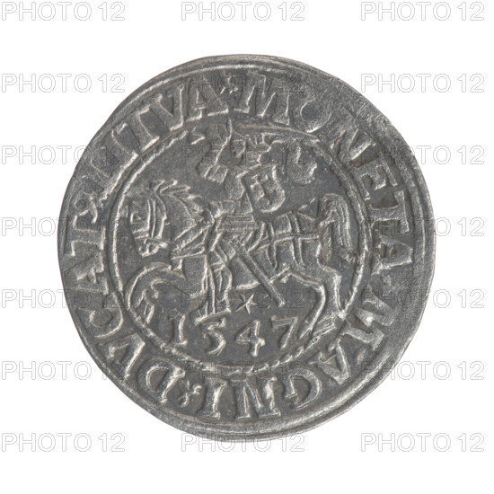 Lithuanian half-grosz, Sigismund II Augustus (King of Poland; 1544–1572). Obverse: Polish Eagle; in the rim between pearly borders the inscription '.SIGIS.AVG.REX.PO.MAG.DVX.L'. Reverse: Lithuanian Pogon; below the year '1547'; in the rim between pearly borders the inscription '.MONETA.MAGNI.DVCAT9.LITVA'. 1547. Grand Duchy of Lithuania, Poland. Coin; diameter 19.7–20.0 mm; weight 1.2 g.