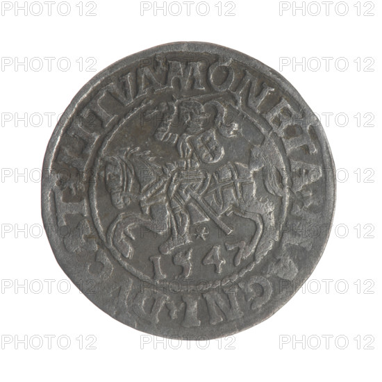 Lithuanian half-grosz, Sigismund II Augustus (King of Poland; 1544–1572). Obverse: Polish Eagle; in the rim between pearly borders the inscription: IGIS.AVG.REX.PO.MAG.DVX.LI. Reverse: Lithuanian Pogon (coat of arms), below the year 1547; in the rim between pearly borders the inscription: MONETA.MAGNI.DVCAT9.LITVA. 1547. Jagiellon dynasty; Grand Duchy of Lithuania; Poland; struck in Vilnius. Coin; diameter ~20.0–20.2 mm; weight 1.28 g.