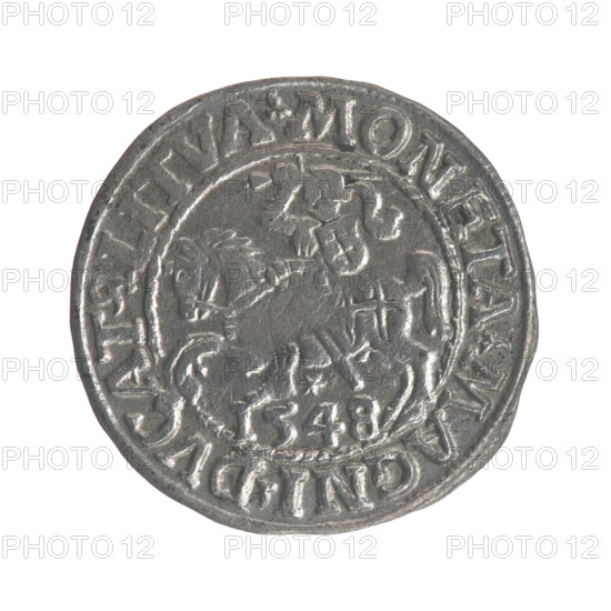 Lithuanian half-grosz, Sigismund II Augustus (King of Poland; 1544–1572). Obverse: Polish Eagle, in the rim between pearly borders the inscription '.SIGIS.AVG.REX.PO.MAG.DVX.LI'. Reverse: Lithuanian Pogon, below the year '1548', in the rim between pearly borders the inscription '.MONETA.MAGNI.DVCAT9.LITVA'. 1548. Grand Duchy of Lithuania, Poland. Coin; diameter 19.4–20.2 mm; weight 1.1 g.