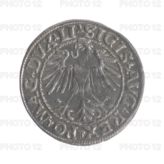 Lithuanian half-grosz, Sigismund II Augustus (King of Poland; 1544–1572). Obverse: Polish eagle; in the rim between pearl borders the inscription '.SIGIS.AVG.REX.PO.MAG.DVX.LI'. Reverse: Lithuanian Pogon; below the year '1548', in the rim between pearl borders the inscription '.MONETA.MAGNI.DVCAT9.LITVA'. 1548. Jagiellon dynasty; Grand Duchy of Lithuania, Poland; struck in Vilnius. Coin (half-grosz), diameter ~19.7–20.0 mm, weight 1.1 g.