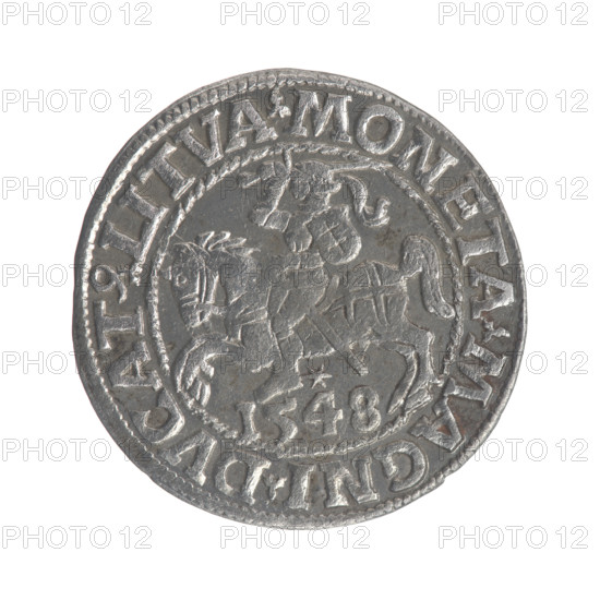Lithuanian half-grosz, Sigismund II Augustus (King of Poland; 1544–1572). Obverse: Polish Eagle; in the rim between pearly borders the inscription '.SIGIS.AVG.REX.PO.MAG.DVX.LI'. Reverse: Lithuanian Pogon, below the year '1548'; in the rim between pearly borders the inscription '.MONETA.MAGNI.DVCAT9.LITVA'. 1548. Grand Duchy of Lithuania, Poland. Coin; diameter 19.7–20.0 mm; weight 1.1 g.