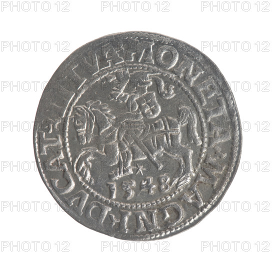 Lithuanian half-grosz, Sigismund II Augustus (King of Poland; 1544–1572). Obverse: Polish Eagle; in the rim between pearly borders the inscription '.SIGIS.AVG.REX.PO.MAG.DVX.LI'. Reverse: Lithuanian Pogon; below the year '1548'; in the rim between pearly borders the inscription '.MONETA.MAGNI.DVCAT9.LITVA'. 1548. Grand Duchy of Lithuania, Poland; struck in Vilnius. Coin; diameter 19.5–20.0 mm; weight 1.18 g.