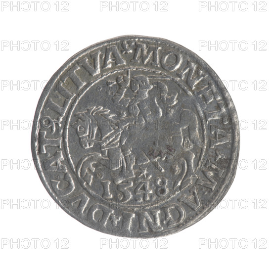 Lithuanian half-grosz, Sigismund II Augustus (King of Poland; 1544–1572). Obverse: Polish eagle with rim inscription '.SIGIS.AVG.REX.PO.MAG.DVX.LI' between pearly borders. Reverse: Lithuanian Pogon with the year '1548' below and rim inscription '.MONETA.MAGNI.DVCAT9.LITVA' between pearly borders. 1548. Grand Duchy of Lithuania. Coin (Poland–Lithuania). Diameter 19.3–20.0 mm, weight 1.1 g.