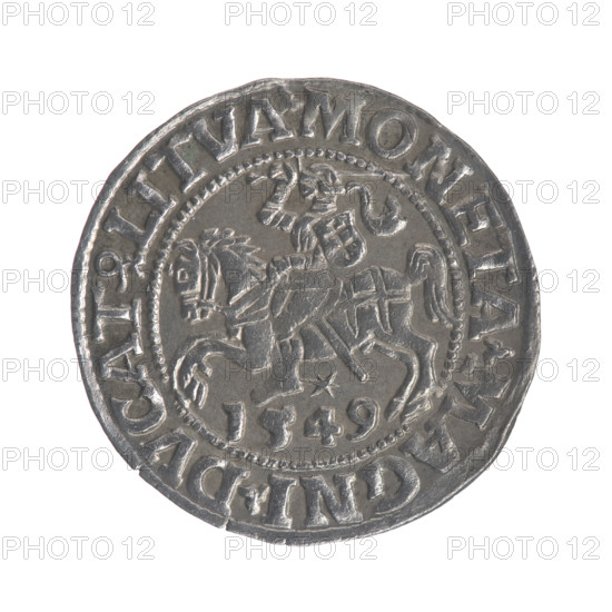 Lithuanian half-grosz, Sigismund II Augustus (King of Poland; 1544–1572). Obv.: Polish Eagle; in the rim between pearly borders the inscription: .SIGIS.AVG.REX.PO.MAG.DVX.LI. Rev.: Lithuanian Pogon; below the year 1549; in the rim between pearly borders the inscription: .MONETA.MAGNI.DVCAT9.LITVA. 1549. Coats of arms: Jagiellons (dynasty). Subjects: Polish coins, eagles, Eagle (coat of arms), Pogon (coat of arms; Lithuania). Grand Duchy of Lithuania, Poland; struck in Vilnius. Coin, half-grosz; diameter 19.6–20.0 mm; weight 1.17 g.
