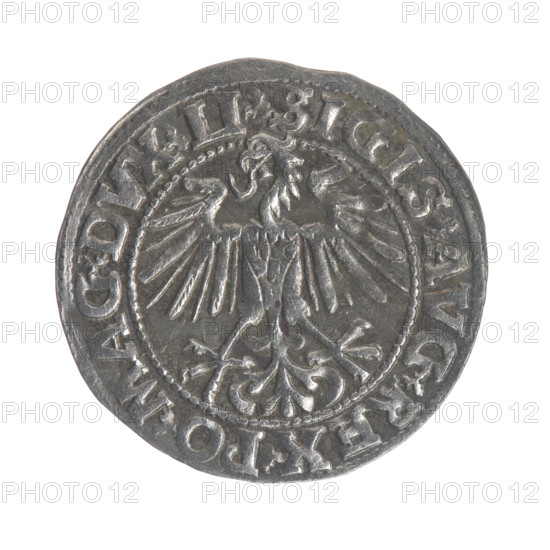 Lithuanian half-grosz, Sigismund II Augustus (King of Poland; 1544–1572); obverse: Polish Eagle with rim inscription '.SIGIS.AVG.REX.PO.MAG.DVX.LI' between pearly borders; reverse: Lithuanian Pogon with year '1549' below and rim inscription '.MONETA.MAGNI.DVCAT9.LITVA' between pearly borders; 1549; Grand Duchy of Lithuania, Poland; coin; diameter 20.0–20.4 mm; weight 1.2 g; coats of arms: Jagiellons, eagles, Pogon.