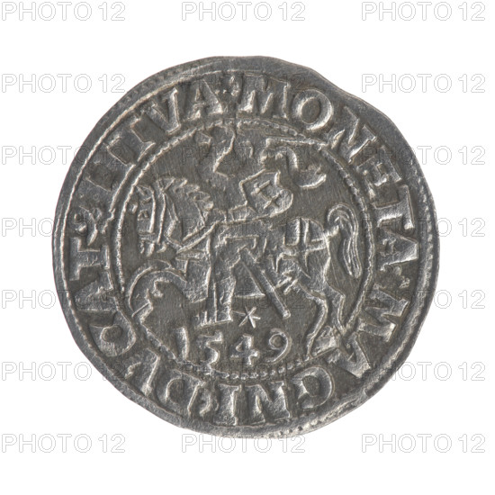 Lithuanian half-grosz, Sigismund II Augustus (King of Poland; 1544–1572). Obverse: Polish eagle; in the rim between pearl borders the inscription '.SIGIS.AVG.REX.PO.MAG.DVX.LI'. Reverse: Lithuanian Pogon (coat of arms), below the year '1549'; in the rim between pearl borders the inscription '.MONETA.MAGNI.DVCAT9.LITVA'. 1549. Grand Duchy of Lithuania, Poland. Coin, diameter 20.0–20.4 mm, weight 1.2 g.