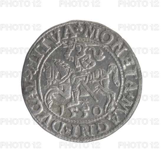 Lithuanian half-grosz, Sigismund II Augustus (King of Poland; 1544–1572). Obv.: Polish Eagle; in the rim between pearly borders the inscription 'SIGIS.AVG.REX.PO.MAG.DVX.LI'. Rev.: Lithuanian Pogon (coat of arms), below the year 1550; in the rim between pearly borders the inscription 'MONETA.MAGNI.DVCAT9.LITVA'. 1550. Jagiellon dynasty; Grand Duchy of Lithuania, Poland, Vilnius. Coin (half-grosz), diameter 19.2–19.6 mm, weight 1 g.