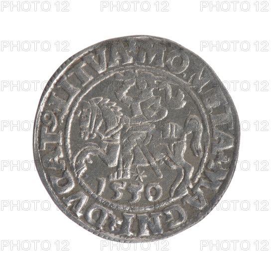 Lithuanian half-grosz, Sigismund II Augustus (King of Poland; 1544–1572). Obverse: Polish eagle; in the rim between pearly borders the inscription 'SIGIS.AVG.REX.PO.MAG.DVX.LI'. Reverse: Lithuanian Pogon (coat of arms), below the year 1550; in the rim between pearly borders the inscription 'MONETA.MAGNI.DVCAT9.LITVA'. 1550. Jagiellon dynasty; Grand Duchy of Lithuania; Poland; struck in Vilnius. Coin (half-grosz), diameter ~19.3–19.7 mm, weight 1.09 g.