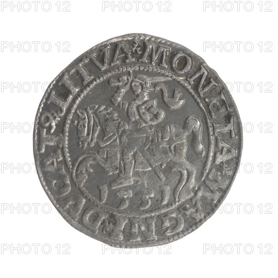 Lithuanian half-grosz, Sigismund II Augustus (King of Poland; 1544–1572); obverse: Polish Eagle with rim inscription '.SIGIS.AVG.REX.PO.MAG.DVX.LI'; reverse: Lithuanian Pogon with year '1551' below and rim inscription '.MONETA.MAGNI.DVCAT9.LITVA'; 1551; Grand Duchy of Lithuania; Polish–Lithuanian; coin; diameter 19.5–20.0 mm; weight 1.08 g; coats of arms of the Jagiellons; eagles; Pogon.