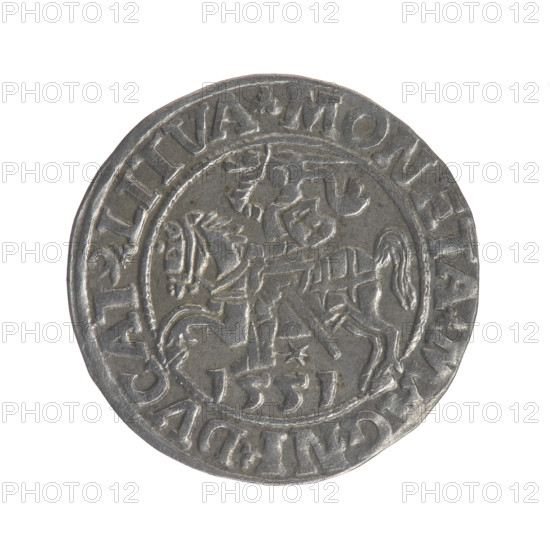 Lithuanian half-grosz, Sigismund II Augustus (King of Poland; 1544–1572). Obverse: Polish Eagle; in the rim between pearly borders the inscription 'SIGIS.AVG.REX.PO.MAG.DVX.LI'. Reverse: Lithuanian Pogon; below the year 1551; in the rim between pearly borders the inscription 'MONETA.MAGNI.DVCAT9.LITVA'. 1551. Jagiellon dynasty; Grand Duchy of Lithuania, Poland; coin. Diameter 19.3–19.5 mm; weight 1.21 g.