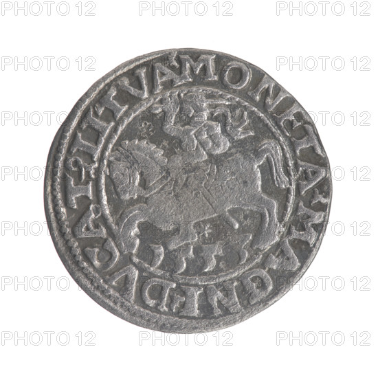 Lithuanian half-grosz, Sigismund II Augustus (King of Poland, 1544–1572). Obverse: Polish Eagle; in the rim between pearly borders the inscription '.SIGIS.AVG.REX.PO.MAG.DVX.LI'. Reverse: Lithuanian Pogon; below the year '1553', in the rim between pearly borders the inscription '.MONETA.MAGNI.DVCAT9.LITVA'. Dated 1553. Grand Duchy of Lithuania, Poland; struck in Vilnius. Coin; diameter 19.6–19.8 mm; weight 1.12 g.