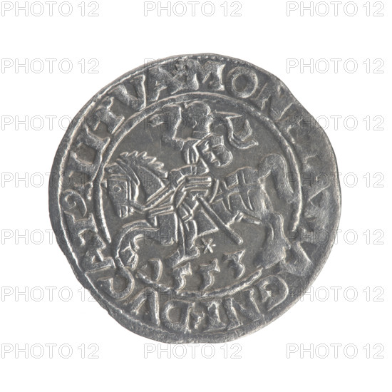 Lithuanian half-grosz, Sigismund II Augustus (King of Poland; 1544–1572). Obverse: Polish eagle; in the rim between pearly borders the inscription '.SIGIS.AVG.REX.PO.MAG.DVX.LI'. Reverse: Lithuanian Pogon with the year '1553' below; in the rim between pearly borders the inscription '.MONE.MAGNI.DVCAT9.LITVA'. Jagiellon dynasty; 1553; Grand Duchy of Lithuania, Poland; coin; diameter 18.7–19.0 mm; weight 1.05 g.