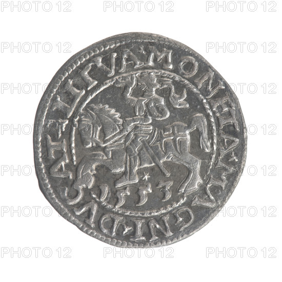 Lithuanian half-grosz, Sigismund II Augustus (King of Poland; 1544–1572). Obverse: Polish Eagle; in the rim between pearly borders the inscription '.SIGIS.AVG.REX.PO.MAG.DVX.L'. Reverse: Lithuanian Pogon, below the year '1553'; in the rim between pearly borders the inscription '.MONETA.MAGNI.DVCAT9.LITVA'. 1553. Jagiellon dynasty; Grand Duchy of Lithuania, Poland; struck in Vilnius. Coin; diameter 19.5–20.0 mm; weight 1.1 g.