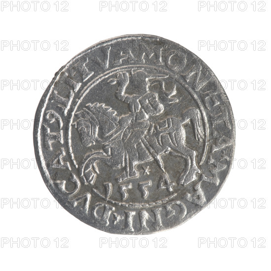 Lithuanian half-grosz, Sigismund II Augustus (King of Poland; 1544–1572). Obverse: Polish Eagle; in the rim between pearly borders the inscription '.SIGIS.AVG.REX.PO, G.DVX.LI'. Reverse: Lithuanian Pogon, below the year '1554'; in the rim between pearly borders the inscription '.MONETA.MAGNI.DVCAT9.LITVA'. 1554. Grand Duchy of Lithuania / Poland. Coin (Vilnius). Diameter 19.2–19.4 mm. Weight 1.12 g.