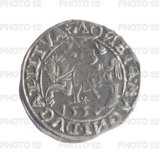 Lithuanian half-grosz, Sigismund II Augustus (King of Poland; 1544–1572). Obverse: Polish Eagle; in the rim between pearly borders the inscription '.SIGIS.AVG.REX.PO.MAG.DVX.LI'. Reverse: Lithuanian Pogon; below the year '1557'; in the rim between pearly borders the inscription '.MO, ETA.MAG, I.DVCAT9.LITVA'. 1557. Grand Duchy of Lithuania, Vilnius. Coin. Diameter 19.3–19.6 mm. Weight 1.12 g.