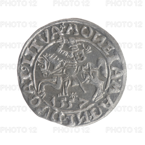 Lithuanian half-grosz, Sigismund II Augustus (King of Poland; 1544–1572). Obverse: Polish eagle; in the rim between pearly borders the inscription '.SIGIS.AVG.REX.PO.MAG.DVX LI'. Reverse: Lithuanian Pogon (coat of arms); below the year '1557'; in the rim between pearly borders the inscription '.MO, ETA.MAG, I.DVCAT9.LITVA'. Grand Duchy of Lithuania, Vilnius. Coin, diameter 19.4–19.6 mm, weight 1.2 g.