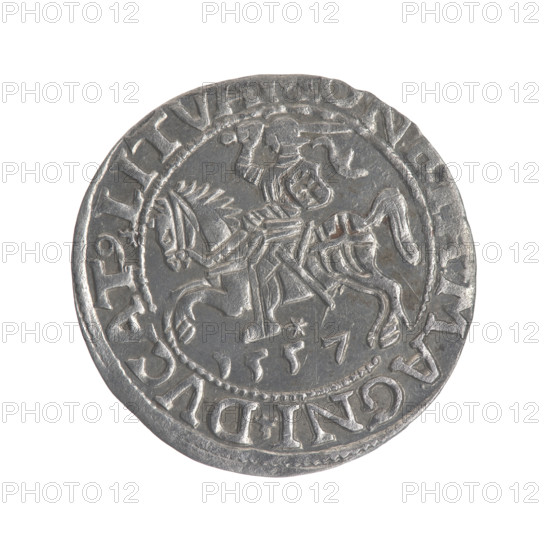 Lithuanian half-grosz, Sigismund II Augustus (King of Poland; 1544–1572). Obverse: Polish Eagle; in rim between pearly borders the inscription 'SIGIS.AVG.R, MAG.DVX.LI'. Reverse: Lithuanian Pogon, below the year 1557; in rim between pearly borders the inscription 'MAGNI.DVCAT9.LITV'. Dated 1557. Grand Duchy of Lithuania (Vilnius). Coin; diameter 19.0–19.2 mm; weight 1.15 g.
