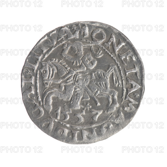 Lithuanian half-grosz, Sigismund II Augustus (King of Poland; 1544–1572); coats of arms; Jagiellon dynasty; Polish coins; eagles; Eagle (coat of arms); Pogon (coat of arms, Lithuania). Obv.: Polish Eagle; in the rim between pearly borders the inscription: .AVG.REX.PO., AG.DVX.LI. Rev.: Lithuanian Pogon; below the year 1557; in the rim between pearly borders the inscription: .MONETA.M, NI.DVCAT9.LI. Date: 1557. Grand Duchy of Lithuania, Vilnius. Coin. Diameter 18.8–19.1 mm. Weight 1.12 g.