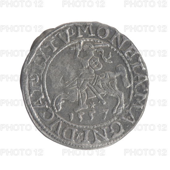 Lithuanian half-grosz, Sigismund II Augustus (King of Poland; 1544–1572). Obverse: Polish Eagle; in the rim between pearly borders the inscription: .SIGIS.AVG.REX.PO.MAG.DVX.LI. Reverse: Lithuanian Pogon, below the year 1557; in the rim between pearly borders the inscription: .MONETA.MAGNI.DVCAT9.LITV. Dated 1557. Grand Duchy of Lithuania, Vilnius. Coin; diameter 19.8–20.2 mm; weight 1.12 g. Coats of arms: Jagiellons (dynasty); eagles; Pogon (coat of arms).
