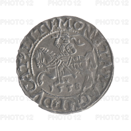 Lithuanian half-grosz, Sigismund II Augustus (King of Poland; 1544–1572). Obverse: Polish Eagle; in the rim between pearly borders the inscription '.SIGIS.AVG.REX.PO.MAG.DVX.LI'. Reverse: Lithuanian Pogon; below the year '1558', in the rim between pearly borders the inscription '.MONETA.MAGNI.DVCAT9.LITV'. 1558. Grand Duchy of Lithuania, Vilnius. Coin (Polish), Jagiellon dynasty, coats of arms (eagle, Pogon). Diameter approx. 19.1–19.5 mm, weight 1.12 g.