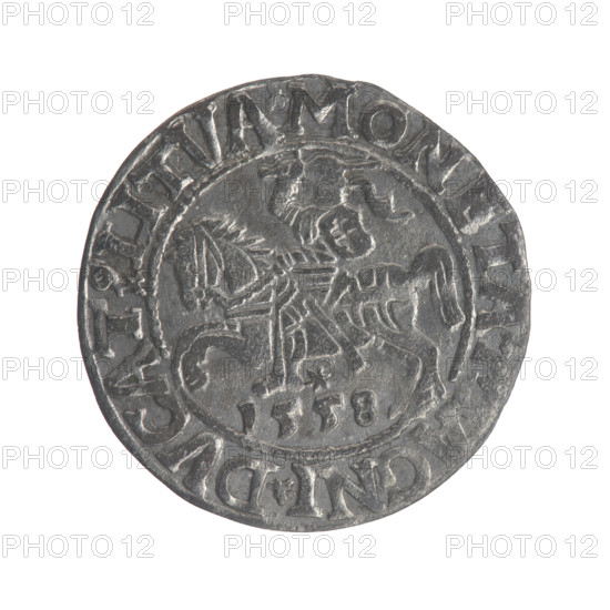 Lithuanian half-grosz, Sigismund II Augustus (King of Poland; 1544–1572). Obverse: Polish eagle with rim inscription '.SIGIS.AVG.REX.PO.MAG.DVX.LI' between pearly borders. Reverse: Lithuanian Pogon with year '1558' below and rim inscription '.MONETA.MAGNI.DVCAT9.LITVA' between pearly borders. 1558. Grand Duchy of Lithuania, Vilnius. Coin; diameter ~19.0–19.5 mm, weight 1.12 g.