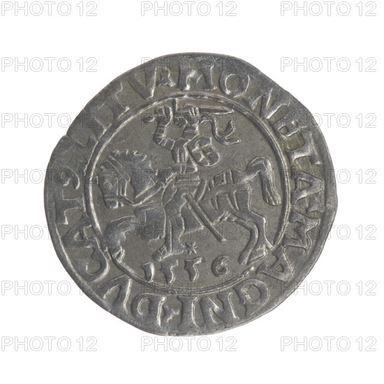 Lithuanian half-grosz, Sigismund II Augustus (King of Poland; 1544–1572). Obverse: Polish Eagle; in rim between pearly borders inscription '.SIGIS.AVG.REX.PO.MAG.DVX.LI'. Reverse: Lithuanian Pogon (coat of arms), below the year 1556; in rim between pearly borders inscription '.MONETA.MAGNI.DVCAT9.LITV'. 1556. Grand Duchy of Lithuania, Vilnius. Coin; dia. 18.8–19.1 mm; weight 1.27 g.