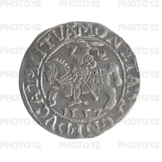 Lithuanian half-grosz, Sigismund II Augustus (King of Poland; 1544–1572). Obverse: Polish eagle; in the rim between pearly borders the inscription '.SIGIS.AVG.REX.PO.MAG.DVX.LI'. Reverse: Lithuanian Pogon (charging knight), below the year '1557'; in the rim between pearly borders the inscription '.MONETA.MGNI.DVCAT9.LITVA'. Dated 1557. Grand Duchy of Lithuania (Vilnius). Coin; diameter 19.0–19.6 mm; weight 1.2 g. Coats of arms: Jagiellons; motifs: eagles, Pogon.