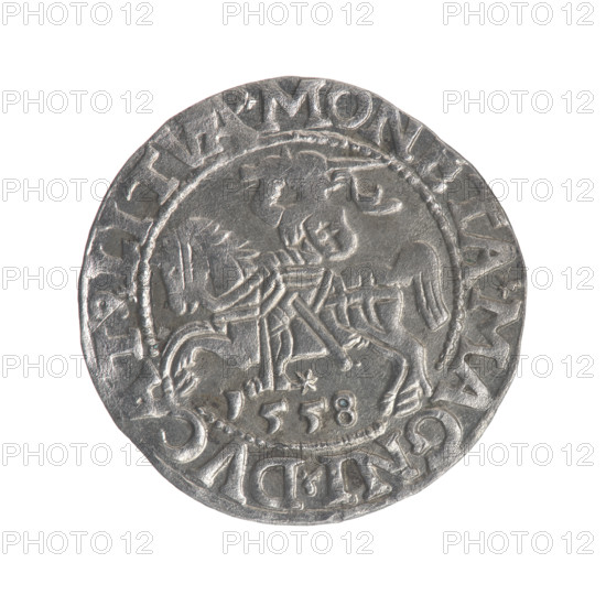 Lithuanian half-grosz, Sigismund II Augustus (King of Poland; 1544–1572). Obverse: Polish Eagle; in the rim between pearly borders the inscription '.SIGIS.AVG.REX.PO.MAG.DVX.L'. Reverse: Lithuanian Pogon, below the year '1558'; in the rim between pearly borders the inscription '.MONETA.MAGNI.DVCAT9.LITVA'. 1558. Grand Duchy of Lithuania (Vilnius). Coin, silver; diameter ~18.7–19.0 mm; weight 1.14 g. Coats of arms: Jagiellons; motifs: eagles, Pogon.