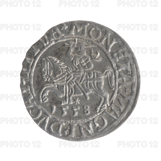 Lithuanian half-grosz, Sigismund II Augustus (King of Poland; 1544–1572). Obverse: Polish Eagle; in the rim between pearly borders the inscription '.SIGIS.AVG.REX.PO.MAG.DVX.LI'. Reverse: Lithuanian Pogon (coat of arms), below the year '1558'; in the rim between pearly borders the inscription '.MONETA.MAGNI.DVC'. 1558. Grand Duchy of Lithuania (Vilnius, Poland). Coin; diameter 19.1–19.5 mm; weight 1.18 g.