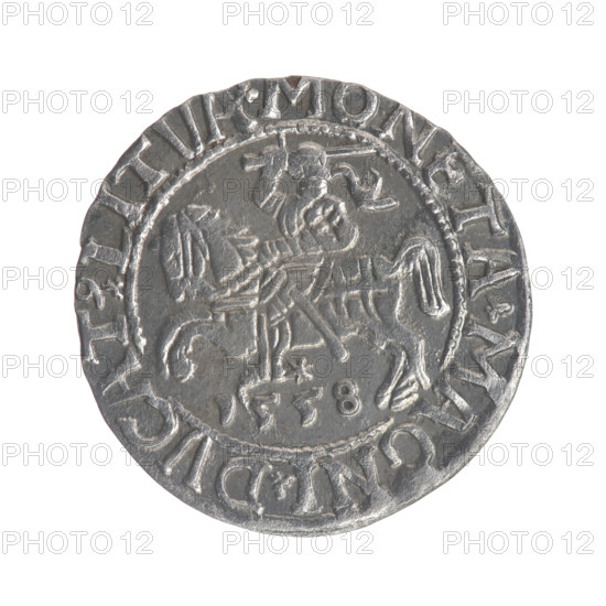 Lithuanian half-grosz, Sigismund II Augustus (King of Poland; 1544–1572). Obverse: Polish Eagle; in the rim between pearly borders the inscription '.SIGIS.AVG.REX.PO.MAG.DVX.L'. Reverse: Lithuanian Pogon, below the year '1558'; in the rim between pearly borders the inscription '.MONETA.MAGNI.DVCAT9.LITVA'. Dated 1558. Grand Duchy of Lithuania (Vilnius). Coin; diameter 19.4–19.7 mm; weight 1.38 g. Coats of arms: Jagiellons, Polish eagle, Pogon.